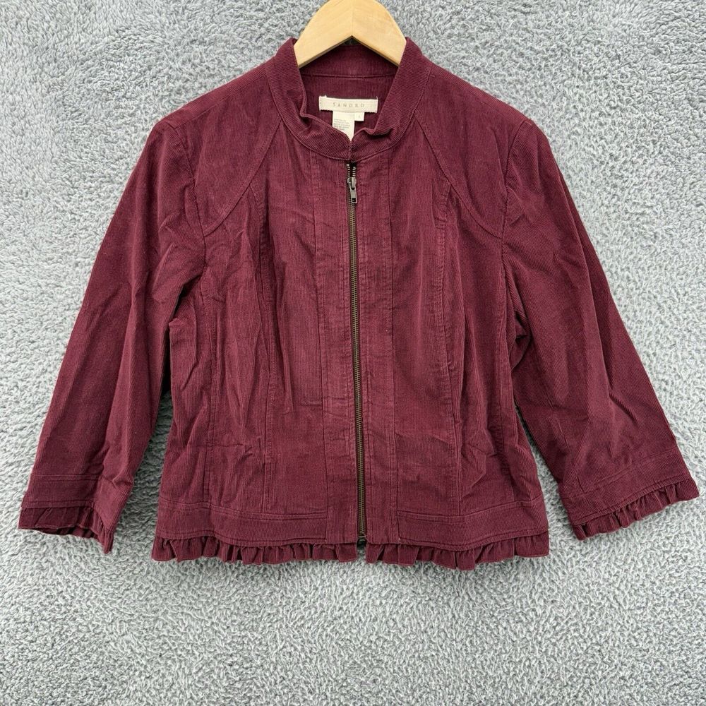 SANDRO Womens Large Burgundy Corduroy Fullβ Zip Jacket Ruffle Detail Long Sleeve